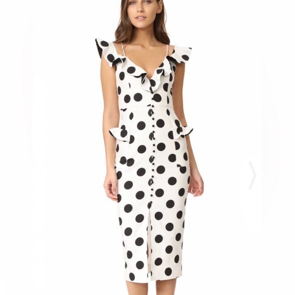 NICHOLAS Black Polka Dot on White Ruffled Midi Dress - Picture 2 of 16